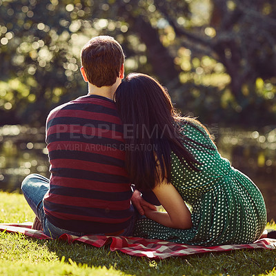 Buy stock photo Rearview shot of an affectionate young couple having a romantic picnic in the park