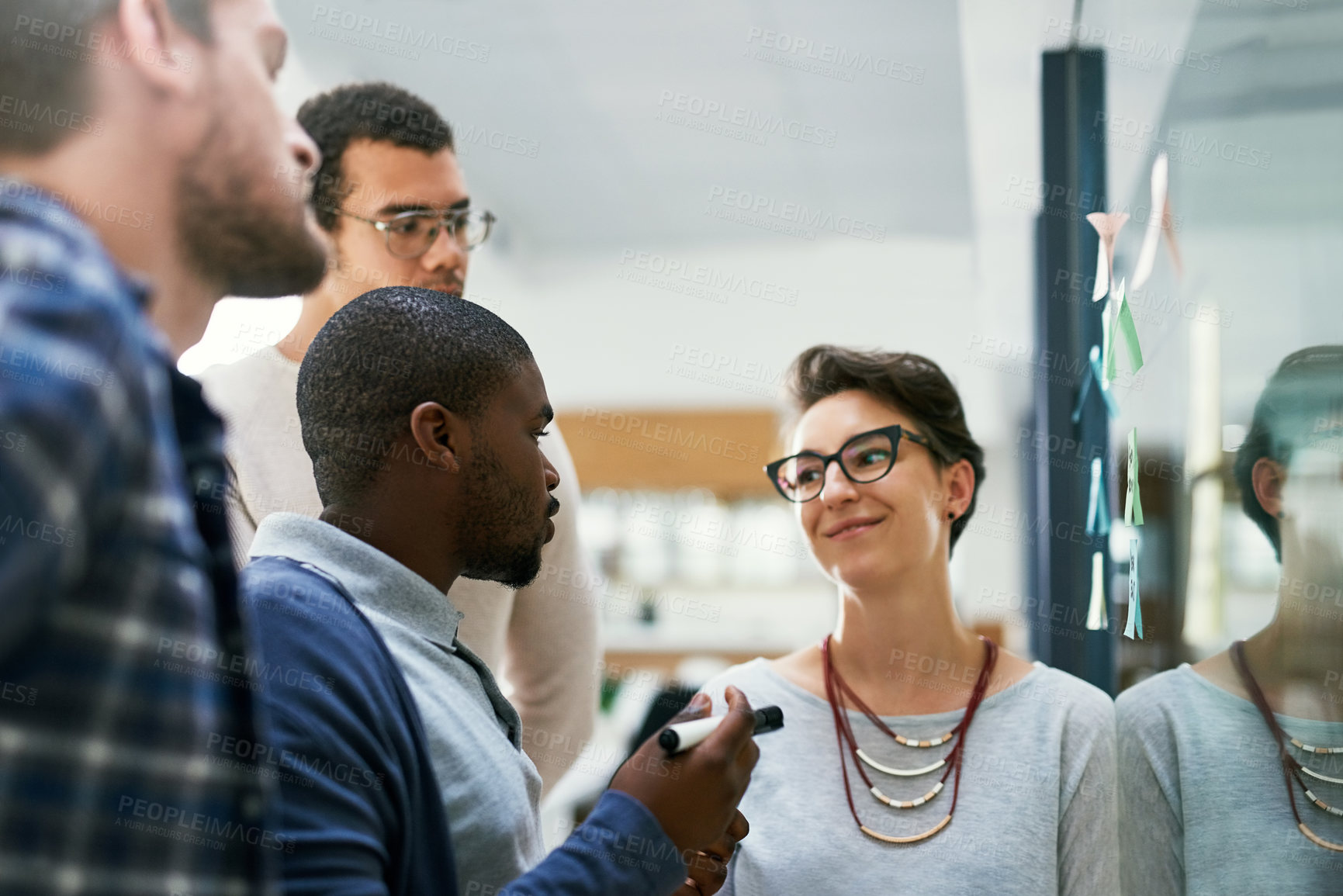 Buy stock photo Business, people and glass wall for strategy with teamwork, collaboration and planning. Brainstorming, ideas and vision or mission for project at workplace with sticky notes for solution at office