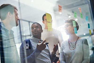 Buy stock photo Business, employees and glass wall for strategy with teamwork, collaboration and planning. Brainstorming, ideas and vision or mission for project at workplace with sticky notes for solution at office