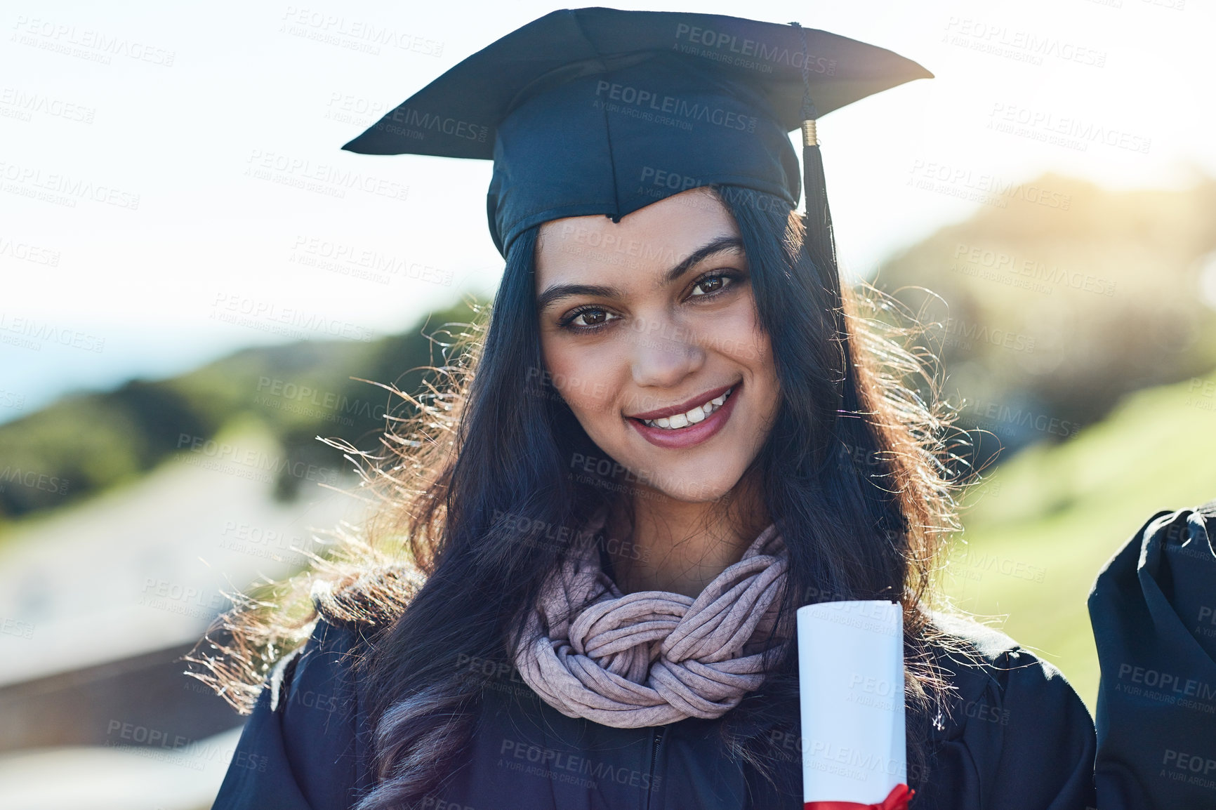 Buy stock photo Graduation, woman and portrait for success, certificate and outdoor with smile and happiness for goal. Achievement, person and student in college, event and celebration for learning and graduate