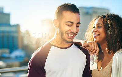 Buy stock photo Laughing, bonding and happy with couple in city for love, travel vacation or spring break. Date, summer and romance with man and woman in New York for urban holiday, lens flare and funny together