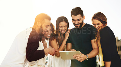 Buy stock photo Outside, smile or friends on tablet for reading joke, online meme or news to relax urban street. Happy, laughing or people on technology for funny post, social media humor or comedy blog together