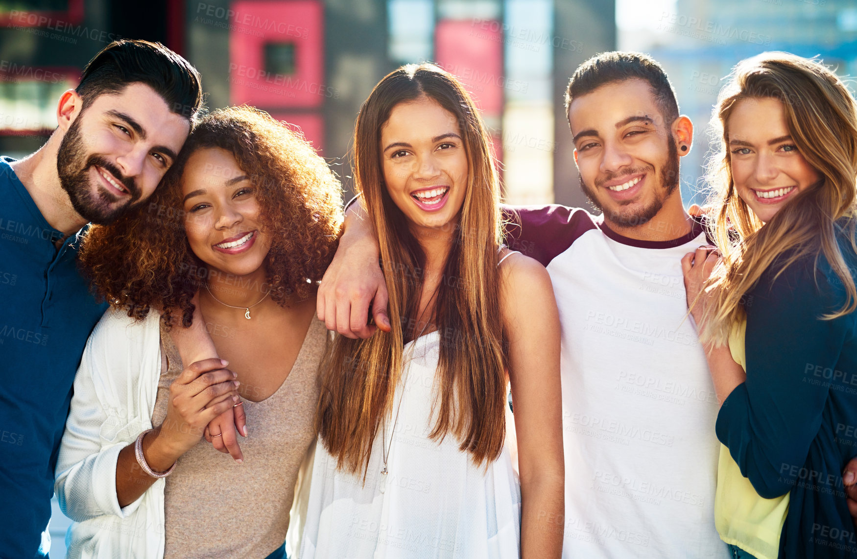 Buy stock photo Diversity, hug and portrait with friends in city for bonding, happy and spring break. Students, summer vacation and college freshman with people in new york for solidarity, support or smile together
