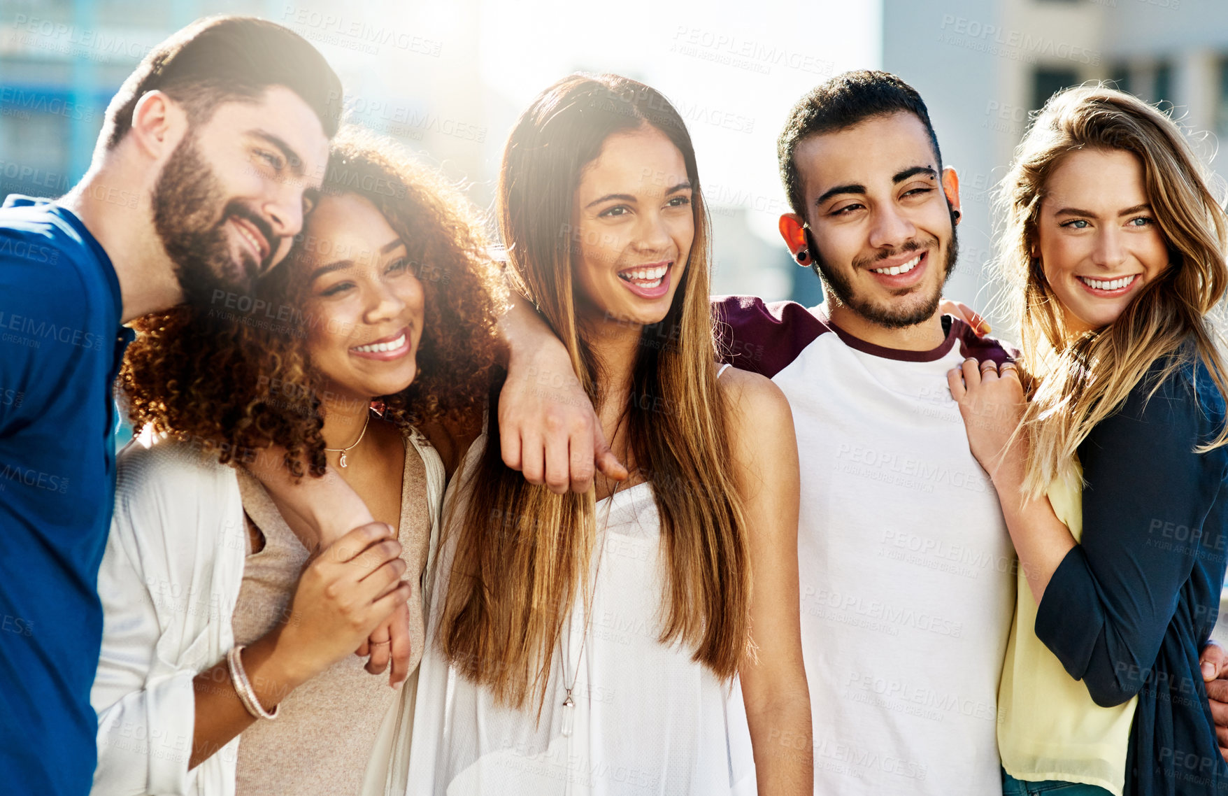 Buy stock photo Happy, bonding and group of friends in city for smile, diversity and spring break. Students, summer vacation and college freshman with people in new york for solidarity, support or lens flare