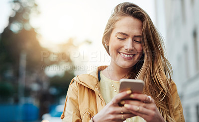 Buy stock photo Happy woman check social media on smartphone, communication in city and chat online with connectivity. Young person and student smile at meme in urban street, contact with mobile app and tech outdoor