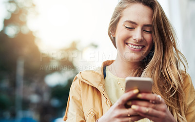 Buy stock photo Woman laugh at meme on smartphone, communication in city and chat on social media with connectivity outdoor. Happy young female person in urban street, text contact with mobile app and comedy online
