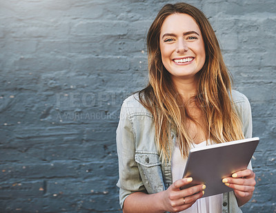 Buy stock photo Portrait, smile and tablet with designer woman on brick wall background for creative research. Project management, space and technology with happy employee outdoor for professional web development