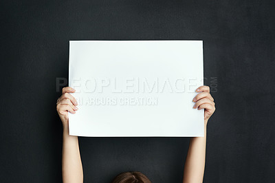 Buy stock photo Hands, studio and blank poster with mockup for stop Palestine conflict, human rights support or global violence. Banner, dark background or person with placard for justice, solidarity or oppression