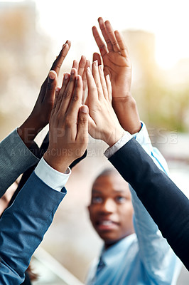 Buy stock photo Business people, hands and high five for collaboration, success and team building. Group, teamwork and employees with hand together for cooperation, support and solidarity, motivation and celebration
