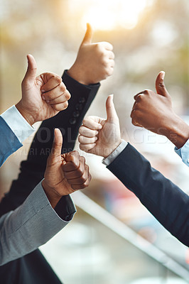 Buy stock photo Teamwork, hands and community with thumbs up for success, team building and motivation. Business people, hand gesture and like emoji for agreement, ok or excellence, support or group in collaboration