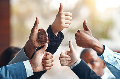 Buy stock photo Teamwork, hands and business people with thumbs up for success, team building and motivation. Group, hand gesture and like emoji for agreement, ok or excellence, support or solidarity for cooperation