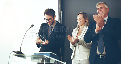 Buy stock photo Business people, staff and employee with an award, applause or promotion with celebration, achievement or goal. Corporate, group or team with consultant, success or clapping  with company development