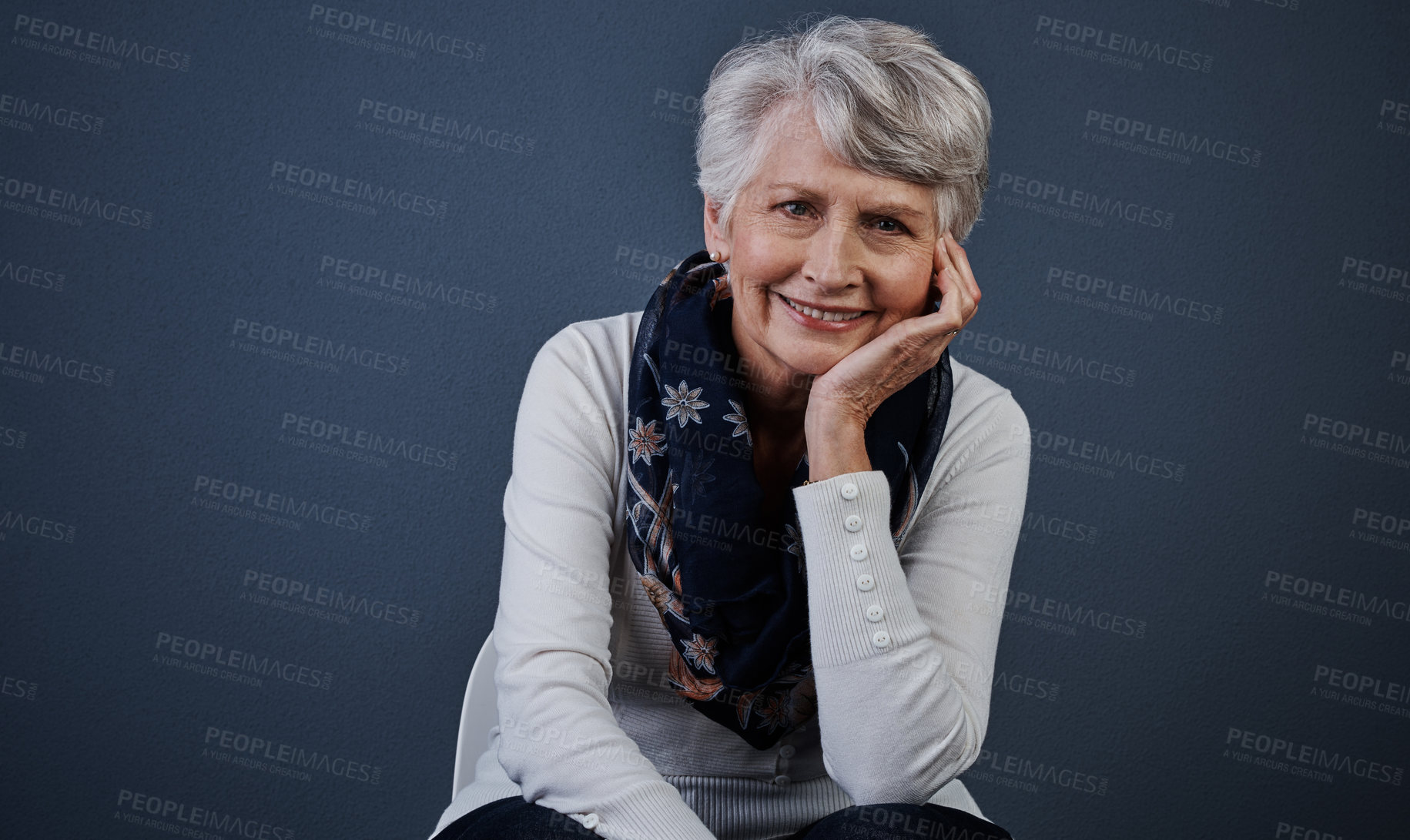 Buy stock photo Portrait, smile and senior woman in studio, casual clothes and peaceful expression for retirement wellness. Happy, relax or elderly person with trendy apparel for confidence, space or gray background