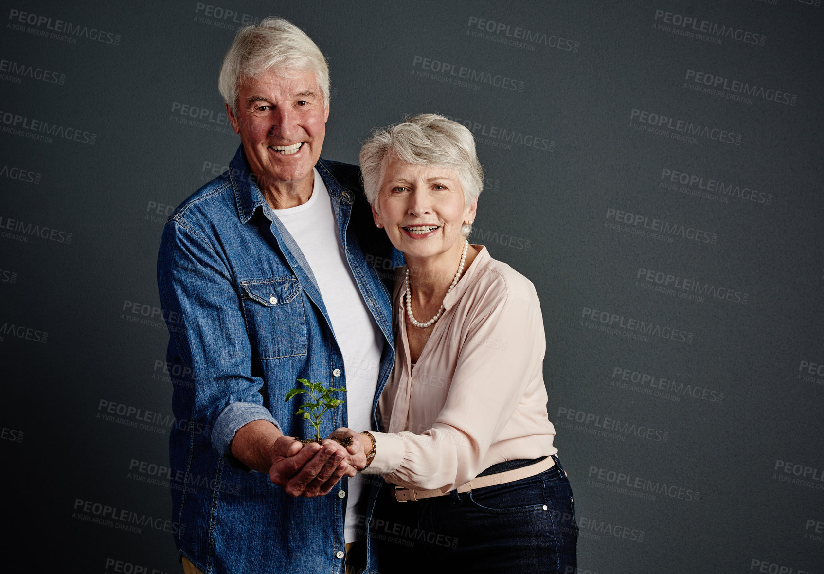 Buy stock photo Studio portrait of an affectionate senior couple holding a budding plant against a grey background