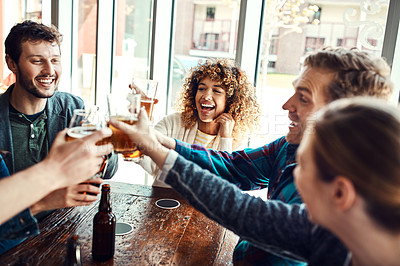 Buy stock photo Friends, people and cheers in pub for beer with smile for reunion, social gathering and date. Bar, relationship and happy with glass for drinking alcohol for fun, bonding and together with support