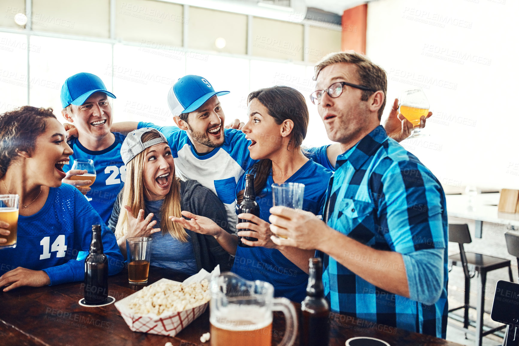 Buy stock photo Sports, fans and people in bar with discussion solidarity and beer at broadcast of world cup together. Baseball, games and group of excited friends in pub for watch party, drinks and team support