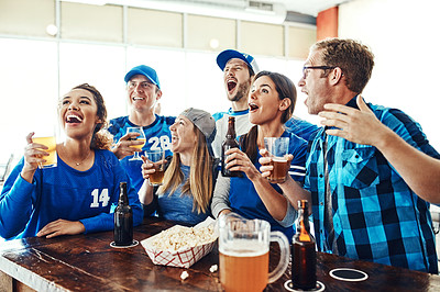 Buy stock photo Sports, fans and friends in pub with solidarity, television and beer at broadcast of world cup together. Baseball, games and group of excited people in bar for watch party, drinks and team support