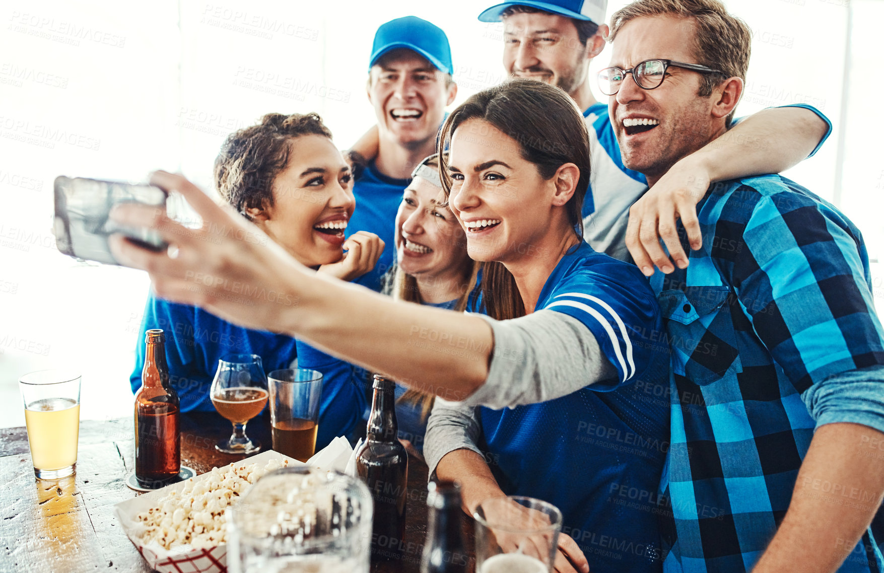 Buy stock photo Sports, group and people in pub selfie with beer, fans and happy celebration of world cup together. Photography, games and excited friends in bar for watch party, drinks and team support with smile