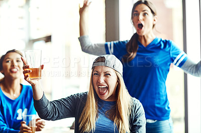 Buy stock photo Shot of three excited friends cheering on their favorite team