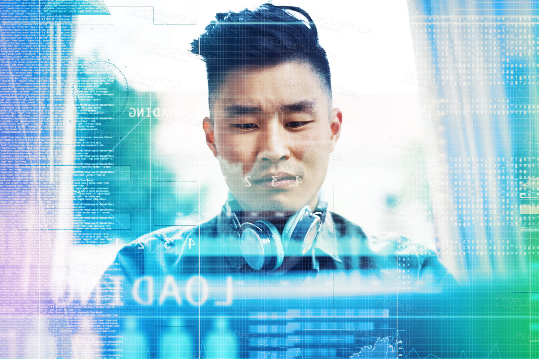 Buy stock photo Cropped shot of a handsome young male coder working on his laptop at home