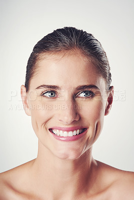 Buy stock photo Woman, skincare and portrait in studio for beauty with soft, smooth and clear skin with wellness. Girl, isolated and white background for cosmetics or dermatology, self care and happiness with makeup