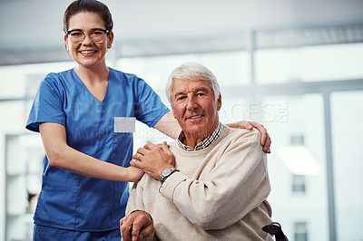 Buy stock photo Cropped portrait of a young female nurse and her senior patient in the old age home