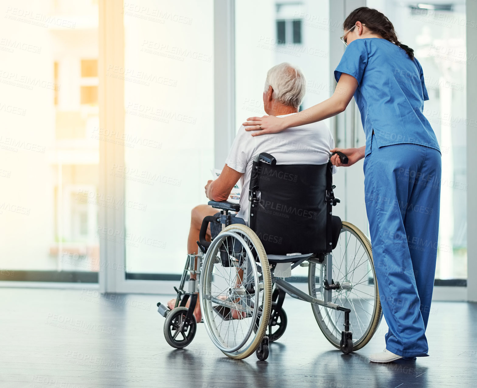 Buy stock photo Old man, thinking and back in wheelchair with nurse, hospital and reflection or recovery. Elderly person with disability, woman and rehabilitation with clinic, window and perspective in retirement