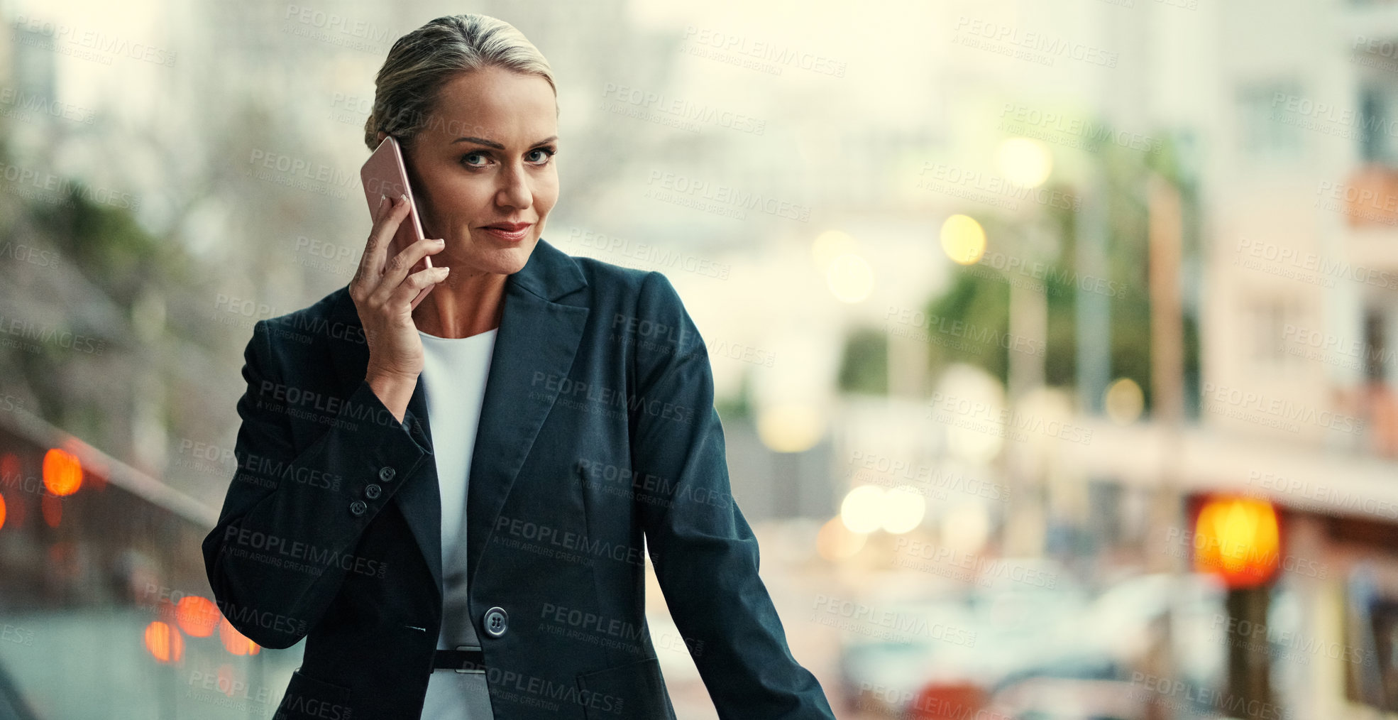 Buy stock photo Phone call, corporate or woman in city with portrait, networking or project discussion with client. Bokeh, space or mature employee with tech, schedule meeting and feedback on stakeholder report.