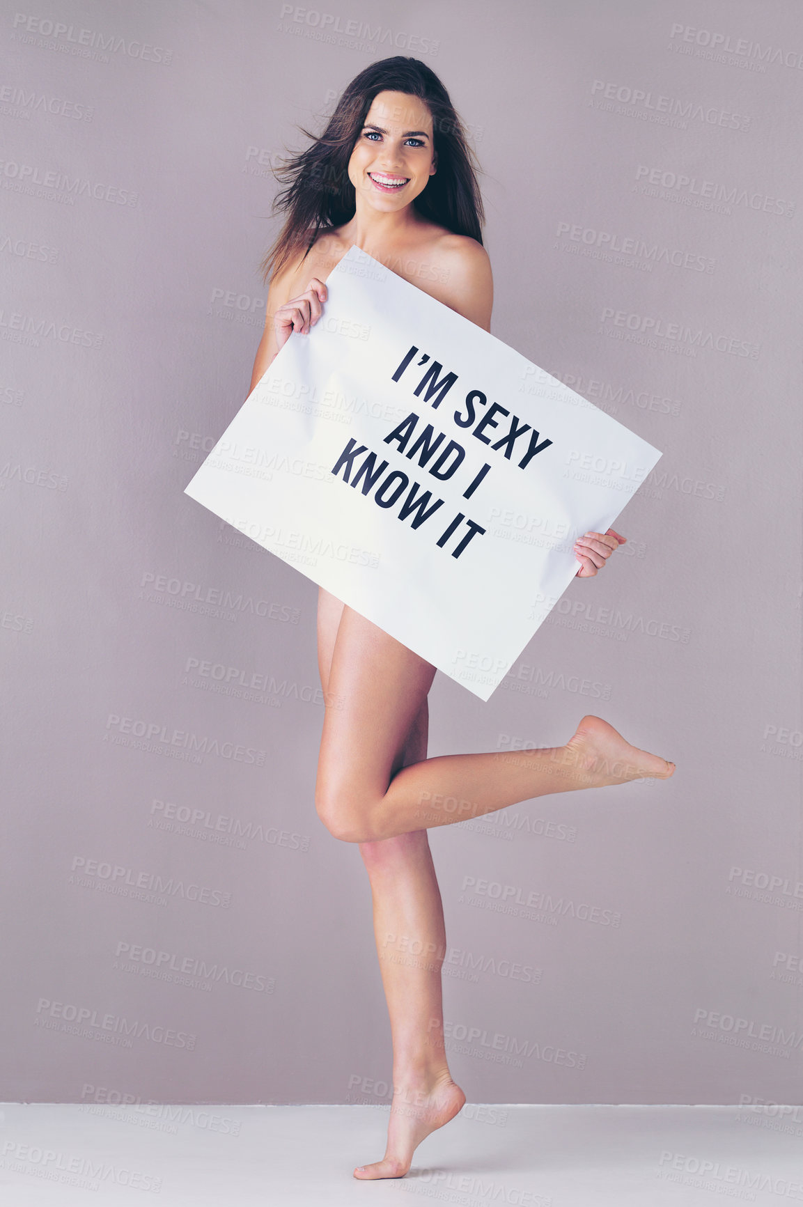 Buy stock photo Woman, happy and portrait with poster in studio for body positivity, empowerment and confident in skin. Nude, text information and female person on pink background for self love, acceptance and pride