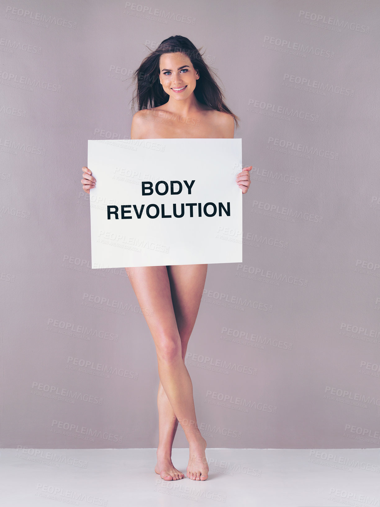 Buy stock photo Woman, smile and portrait with poster in studio for empowerment, advertising and body revolution. Self love, text information and nude person on pink background for acceptance, movement and pride