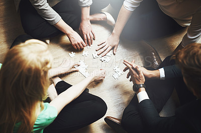 Buy stock photo Puzzle, group and people thinking, teamwork and solution, collaboration or workflow in problem solving and challenge. Team building games, project development and women or men in circle brainstorming