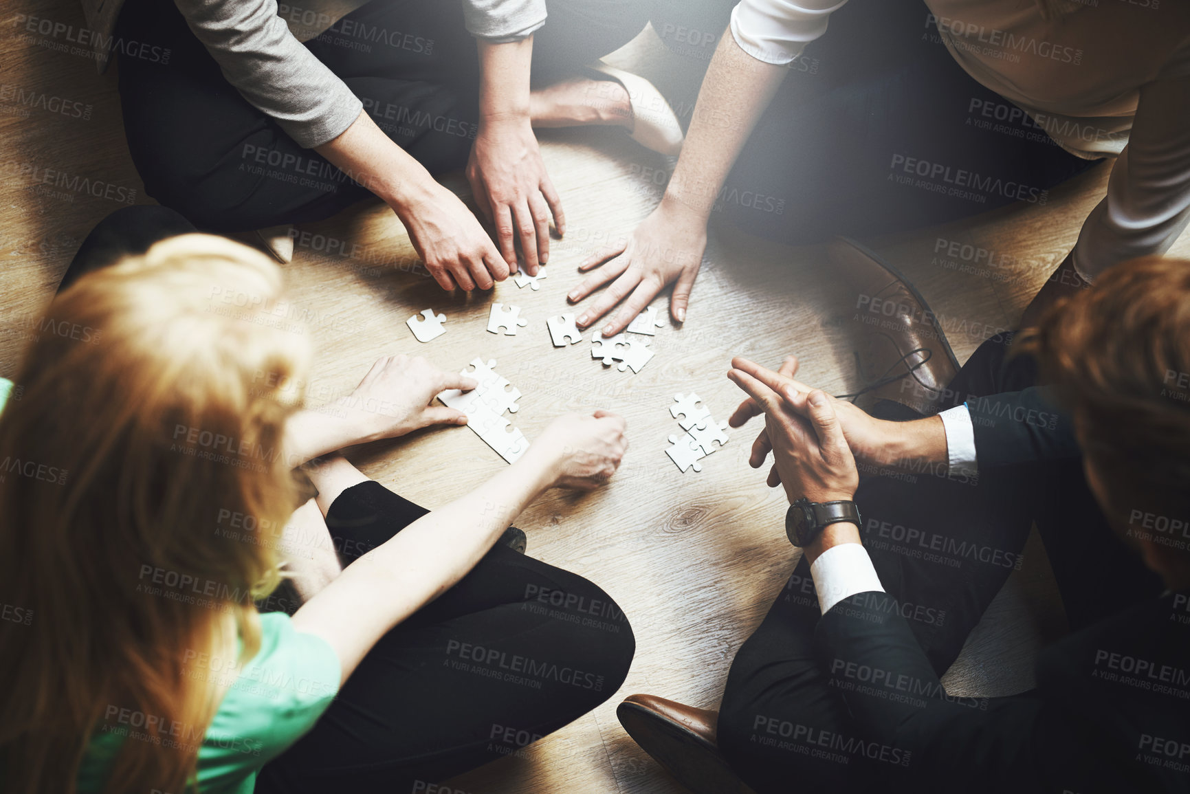 Buy stock photo Puzzle, group and people thinking, teamwork and solution, collaboration or workflow in problem solving and challenge. Team building games, project development and women or men in circle brainstorming