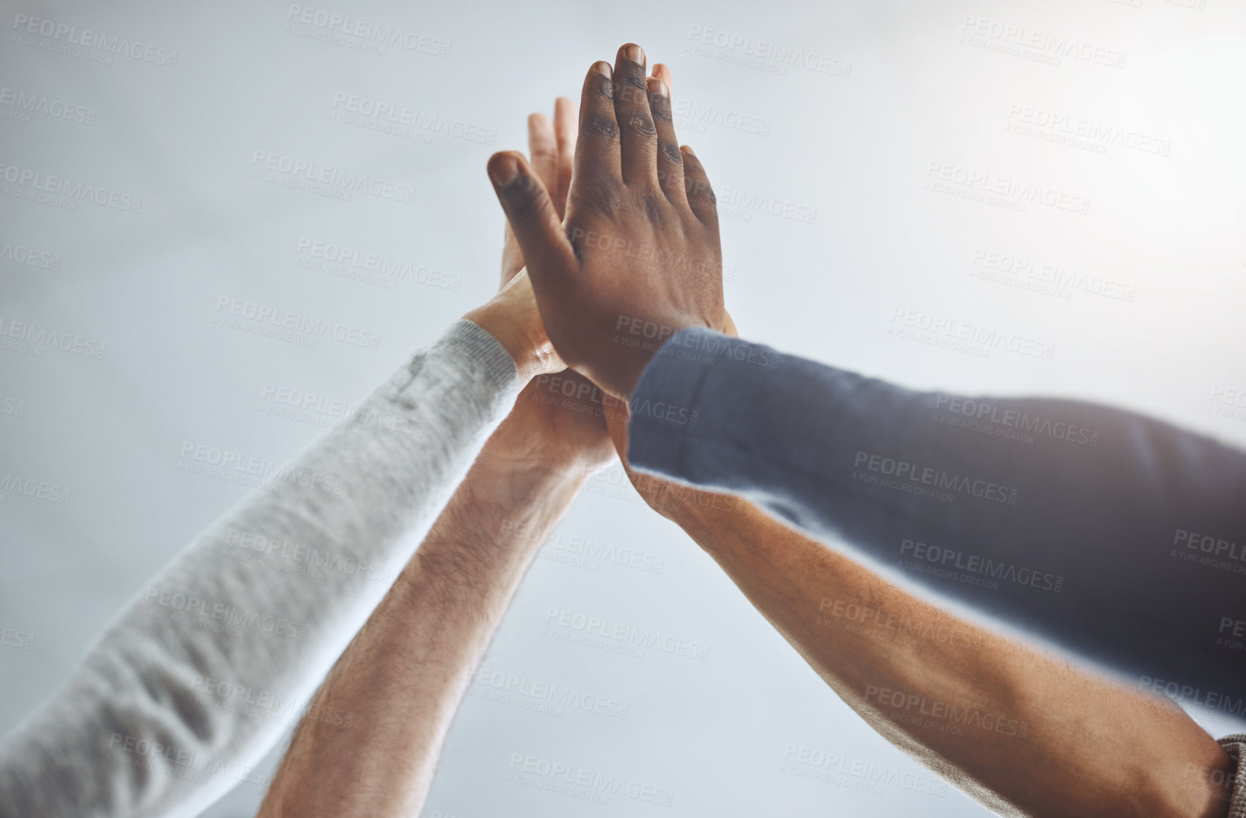 Buy stock photo People, hands and high five for success of teamwork, collaboration and diversity for company reputation. Empowerment, synergy and encouragement for support, strength and bonding together for project