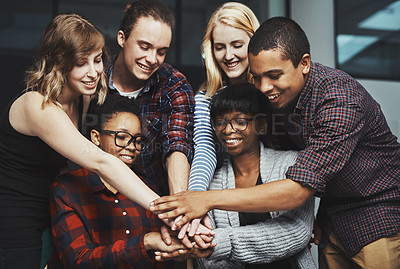 Buy stock photo Designers, meeting or people with hands in stack for mission goals, collaboration or teamwork in office. Diversity, community or employees in startup with support, solidarity or group motivation 