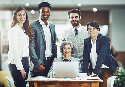 Buy stock photo Smile, teamwork or portrait of business people in meeting for ideas, strategy or planning a startup company. CEO, laptop or happy workers smiling with leadership or group support for growth in office