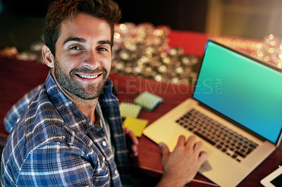 Buy stock photo Night, cafe and businessman portrait with laptop screen for planning, research or client communication. Freelance, contact us and writer online at restaurant for idea, inspiration or project deadline