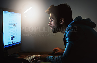 Buy stock photo Man, computer and screen for web design at night with deadline, website development or coding at startup. Creativity, focus and software programming with tech, working late and UI for internet vlog 