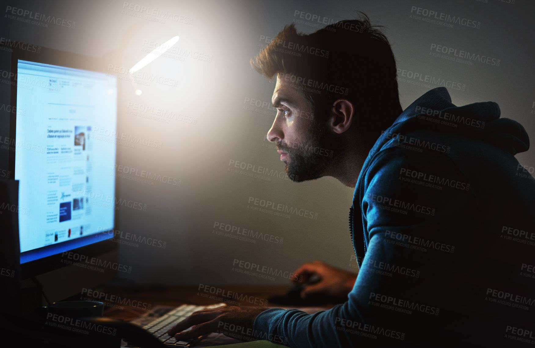 Buy stock photo Man, computer and screen for web design at night with deadline, website development or coding at startup. Creativity, focus and software programming with tech, working late and UI for internet vlog 