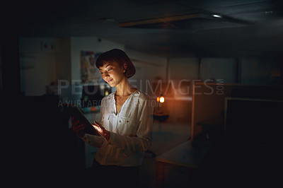 Buy stock photo Employee, dark and business with woman, tablet and happy with project, deadline and schedule. Typing, evening and creative agency with Asian worker for graphic design and internet with technology