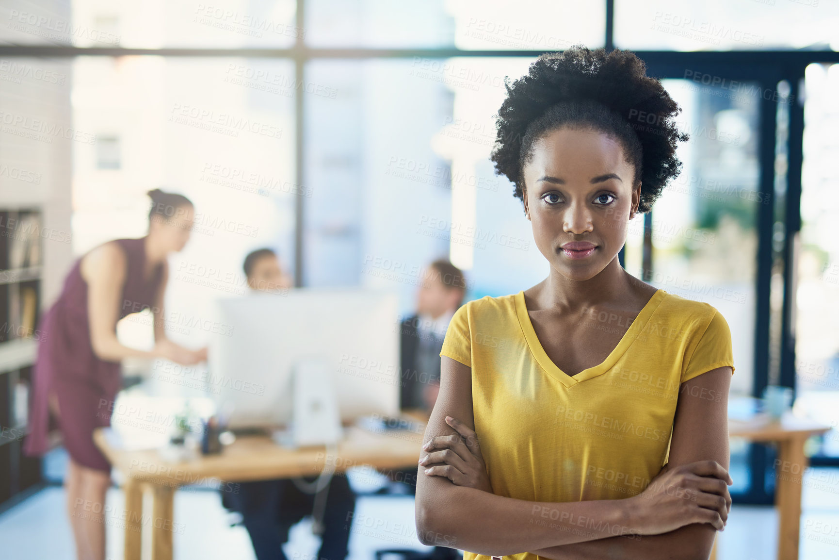 Buy stock photo Young creative, portrait and black woman in office for collaboration, confident and marketing research in workspace. Startup business, leader and strategy planning for advertising, sales and ideas