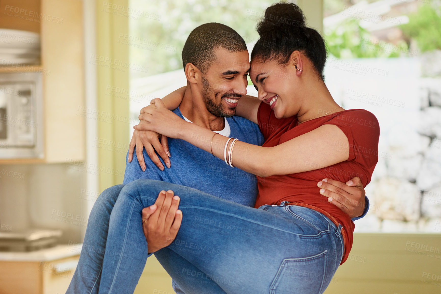 Buy stock photo Happy, man and woman with embrace in kitchen with love, care and together in apartment. Smile, couple and celebrating for marriage, anniversary and excitement for partnership, new home and kindness