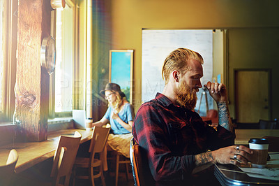 Buy stock photo Cropped shot of hipsters in a coffee shop