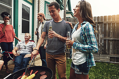 Buy stock photo Friends, people and drinking in garden with bbq for social event, party and celebration with laughing in home. Group, alcohol beer and food with relax, conversation and diversity at barbecue reunion