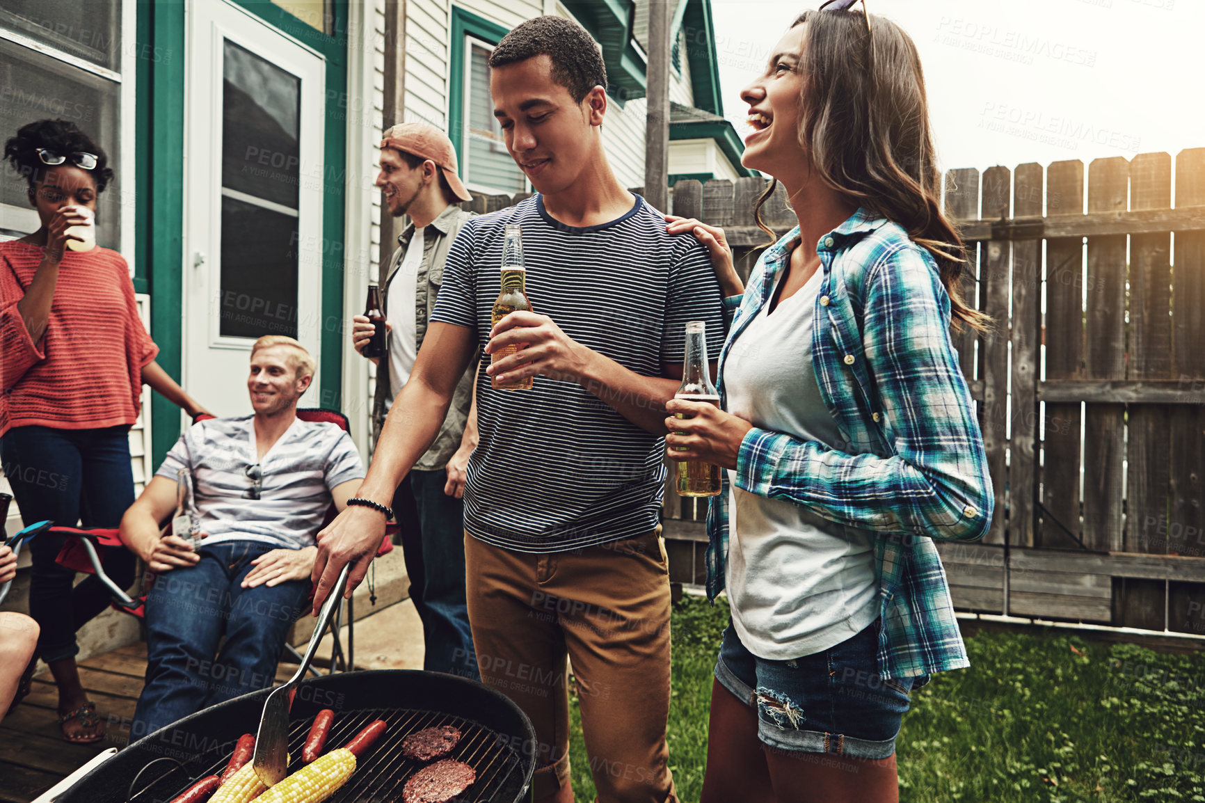 Buy stock photo Friends, people and drinking in garden with bbq for social event, party and celebration with laughing in home. Group, alcohol beer and food with relax, conversation and diversity at barbecue reunion