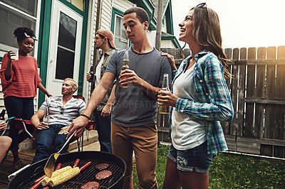 Buy stock photo Friends, group and drinking in garden with bbq for social event, party and celebration with laughing in home. People, alcohol beer and food with relax, conversation and diversity at barbecue reunion