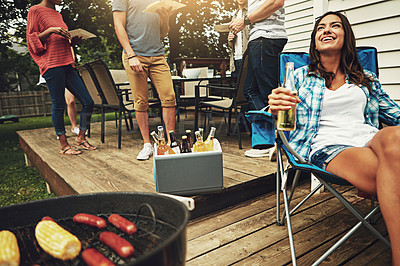 Buy stock photo Outdoor, gathering and barbecue for woman, beer and break for reunion in weekend and party in home. People, men and friends with food to enjoy, meat and person cooking with grill, fun and dinner