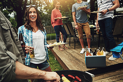 Buy stock photo Outdoor, grill and woman with beer, talking and party for gathering in weekend, break and reunion. Backyard, people and friends together with food, enjoy and cooking for celebration, lunch and drinks