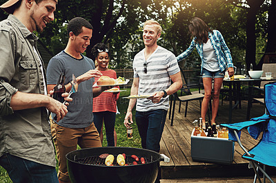 Buy stock photo Friends, barbecue and serving with plate in summer with diversity, backyard and cooking for meat on fire. People, men and women with beer, group and relax with food by bbq grill on holiday in Florida