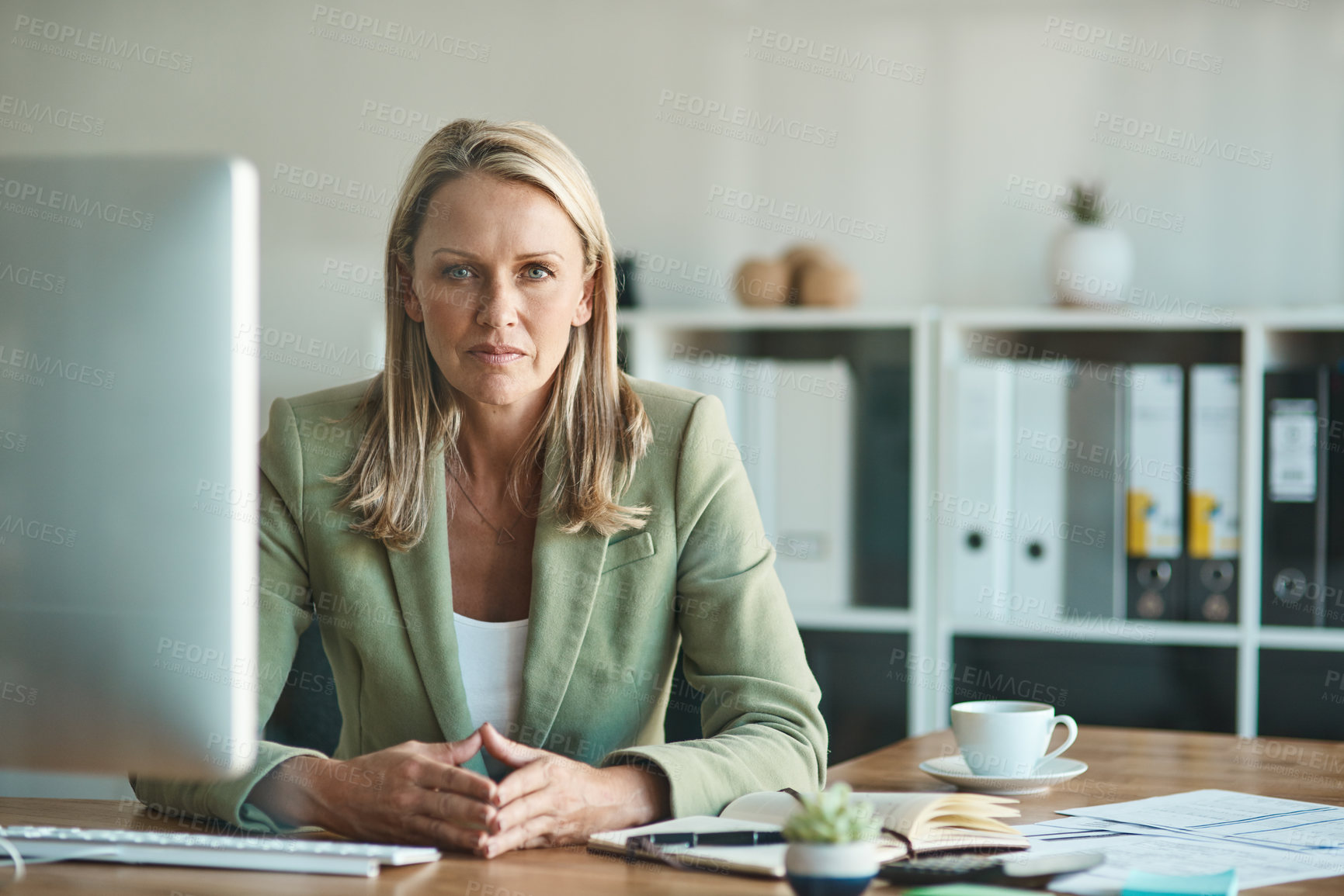 Buy stock photo Mature woman, business and portrait in office with computer, confidence and career goal. Financial manager, professional and strategy for management, problem solving or investment with company budget