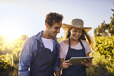 Buy stock photo Shot of a young man and woman using a digital tablet together on a farm